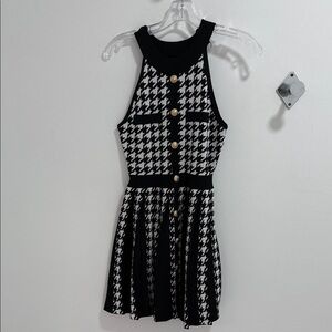 Elegant Houndstooth Mini Dress with Gold Accents